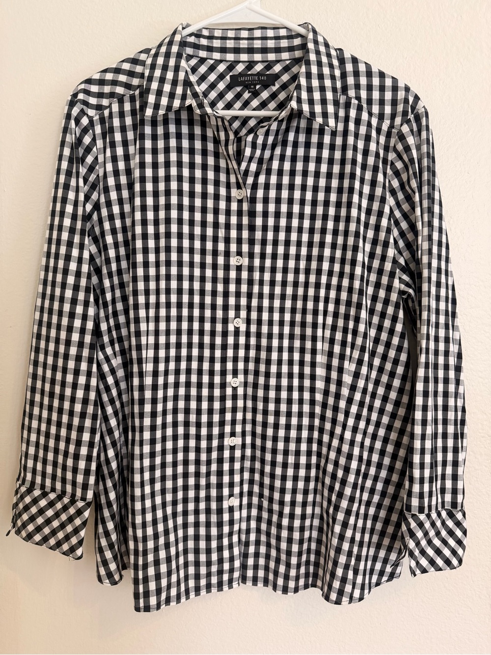 Lafayette 148 New York Black & White Gingham Button-Up Shirt, Size 16